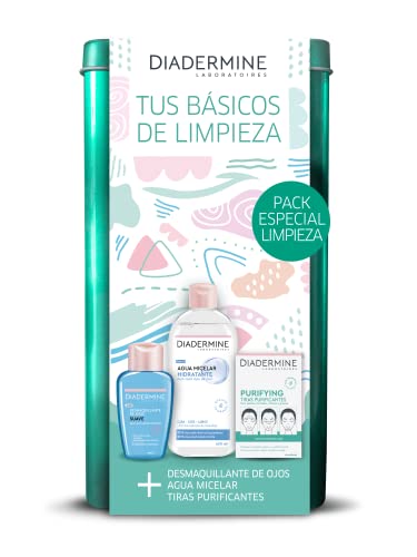 Diadermine - Set de limpieza facial con desmaquillante ojos, agua micelar y tiras purificantes puntos negros