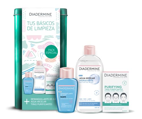 Diadermine - Set de limpieza facial con desmaquillante ojos, agua micelar y tiras purificantes puntos negros