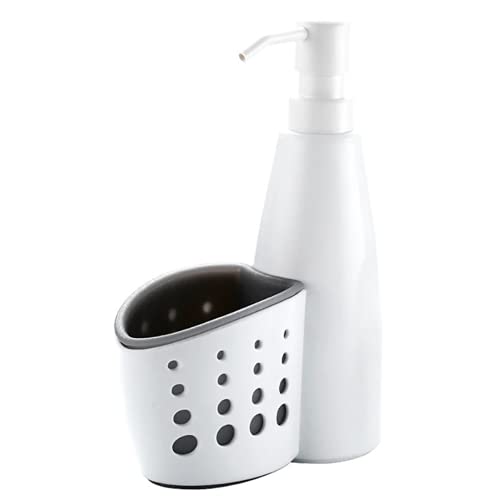 Dispensador de jabón líquido para Cocina y baño Recargable con Soporte para Estropajo|Dosificador de jabón Blanco Perla para Cocina portaestropajos Incluido