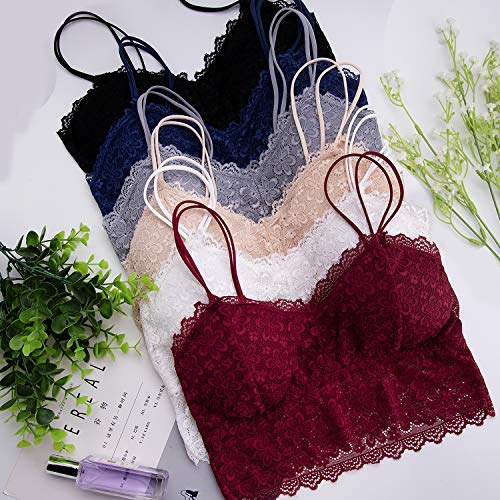 Duufin 6 Piezas Sujetador de Encaje Tipo Bralette para Mujer, 6 Colores (Negro, Beige, Blanco, Azul Marino, Gris y Burdeos, M)