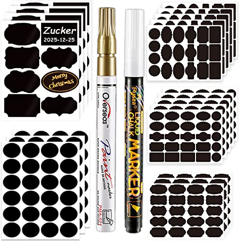 DZSEE® 308x Etiquetas Adhesivas + 2 Marcador de Tiza, Pegatina Reutilizable, etiquetas para Frascos, Pegatinas Pizarra para Tarros Borrable, Decorar Tarros, Vino, Despensa, Hogar y Oficina