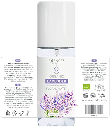 Essences Bulgaria Agua floral orgánica de Lavanda, 100% natural, máxima calidad de nuestra propia empresa familiar, spray como tónico facial, tónico capilar etc.(250 ml)