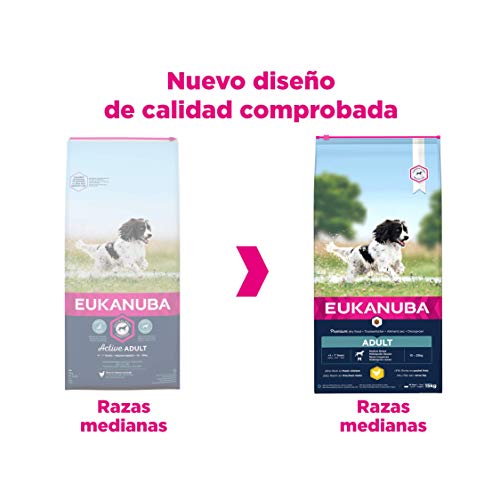 Eukanuba Alimento seco para perros adultos activos de raza mediana,, rico en pollo fresco 15 kg
