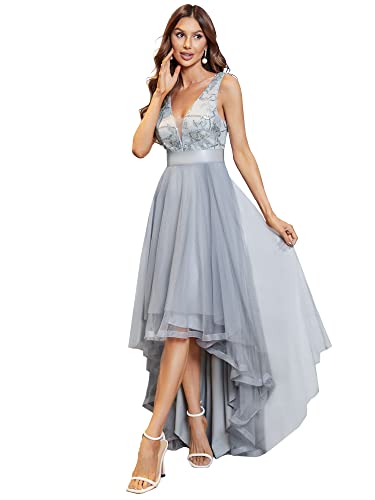 Ever-Pretty Asimétrico Vestido de Fiesta Largo Mujer Tul Lentejuelas Alto Bajo Escote V A-línea Imperio Gris 38