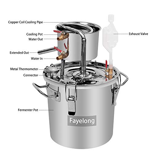 FayeLong Alambique Destilador Alcohol 12 Litros Nuevo Destilador Alambique Cerveza con Termómetro de Equipo Destilación Agua Vino Aceites Esenciales Licor Kit Completo
