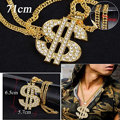FLOFIA Conjunto Disfraz Rapero Hip Hop Rapper Accesorios 2 Collares Dorado + Anillo Dolar + Gafas Aviador Piloto Disfraz de Los Años 80 90s para Adultos Hombre Chicos (4pcs)