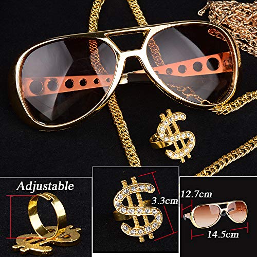 FLOFIA Conjunto Disfraz Rapero Hip Hop Rapper Accesorios 2 Collares Dorado + Anillo Dolar + Gafas Aviador Piloto Disfraz de Los Años 80 90s para Adultos Hombre Chicos (4pcs)