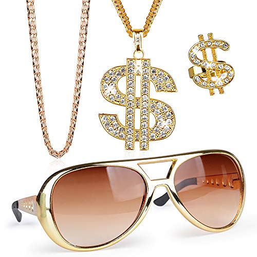 FLOFIA Conjunto Disfraz Rapero Hip Hop Rapper Accesorios 2 Collares Dorado + Anillo Dolar + Gafas Aviador Piloto Disfraz de Los Años 80 90s para Adultos Hombre Chicos (4pcs)