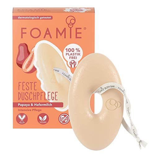 Foamie Gel de ducha sólido con papaya y leche de avena, efecto de masaje, 100% vegano, silicona de plástico y no probado en animales, para cuidados intensivos, 80 g