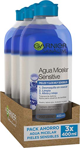 Garnier Skin Active Agua Micelar Sensitive, Desmaquillante para Ojos, Labios y Rostro, Limpiador Facial, Limpia, Alivia y Relaja la Piel, No Reseca, para Pieles Sensibles, Pack x 3, 400 ml