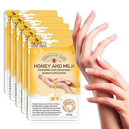 Guantes Hidratantes Para Manos, 5 Pares Miel Y Leche Mascarilla Hidratante Para Manos Secas y Agrietadas, Blanqueador y Antienvejecimiento, Reparador de Piel áspera