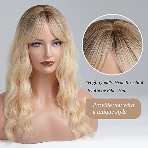 HAIRCUBE Pelucas rubias largas y rizadas Pelucas Ombe para mujeres con flequillo Peluca sintética natural Fiesta de raíz negra o diaria