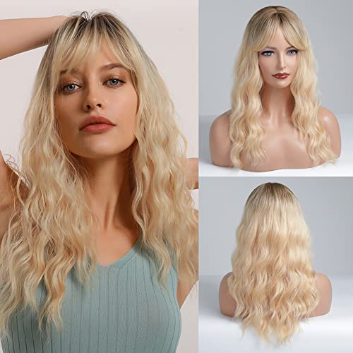 HAIRCUBE Pelucas rubias largas y rizadas Pelucas Ombe para mujeres con flequillo Peluca sintética natural Fiesta de raíz negra o diaria