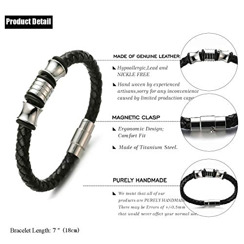 HALUKAKAH Niños ● Solo Junior ● Pulsera Ninos Cuero Genuina Negro 6-12 AÑOS Perlas de Titanio Acero Inoxidable de Plata Cierre Magnético 7"/18cm con CajaDeRegaloGRATIS