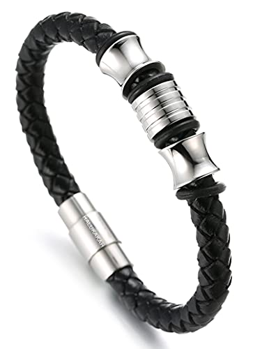 HALUKAKAH Niños ● Solo Junior ● Pulsera Ninos Cuero Genuina Negro 6-12 AÑOS Perlas de Titanio Acero Inoxidable de Plata Cierre Magnético 7"/18cm con CajaDeRegaloGRATIS