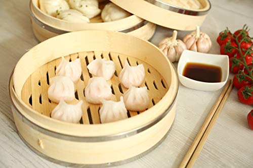 Harcas Cesta de Vapor de bambú orgánico de primera calidad, de 2 niveles con tapa, resistente y duradero con bandas de acero inoxidable. Ideal para dim Sum, verduras, carne y pescado. Hecho a mano