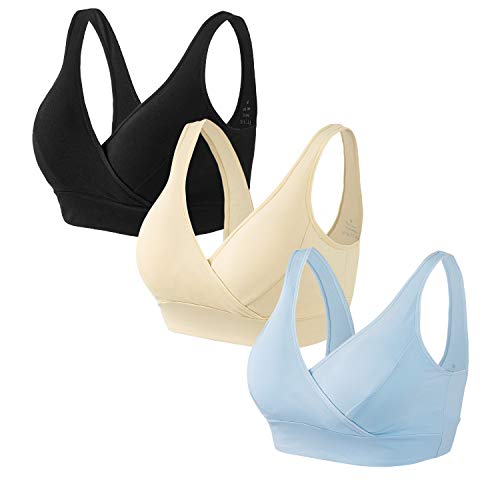 HBselect 3 Piezas Sujetador Embarazo Algodón Sin Aros Sujetador De Lactancia Sujetadores para Premamá para Mejorar Dormir (3 Color Negro Carne Azul, L)