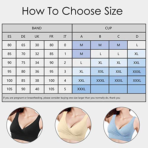 HBselect 3 Piezas Sujetador Embarazo Algodón Sin Aros Sujetador De Lactancia Sujetadores para Premamá para Mejorar Dormir (3 Color Negro Carne Azul, L)