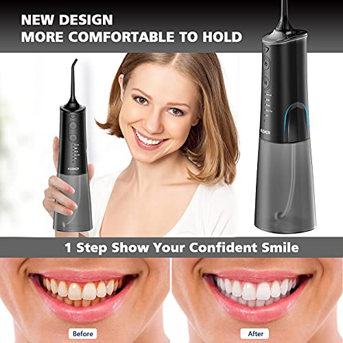 Hilo dental inalámbrico para dientes - Irrigador oral dental portátil KUSKER con 5 nuevos modos, 4 puntas de chorro reemplazables - Hilo de agua recargable IPX7 impermeable (negro)