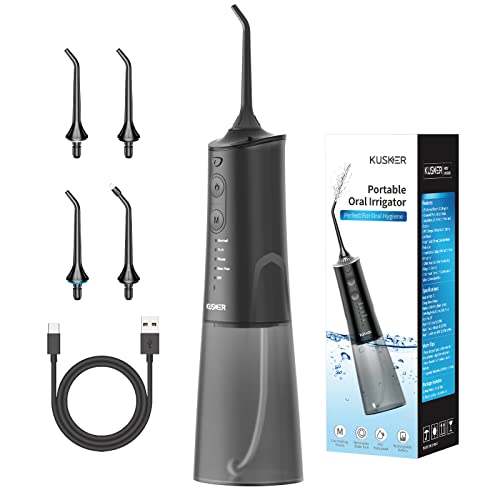Hilo dental inalámbrico para dientes - Irrigador oral dental portátil KUSKER con 5 nuevos modos, 4 puntas de chorro reemplazables - Hilo de agua recargable IPX7 impermeable (negro)