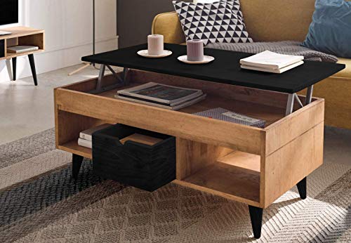 HOGAR24 ES- Atelier-Mesa de Centro elevable con cajón Deslizante, Madera Maciza de Pino Acabado Encerado y Negro. Medidas 100 x 50 x 47 cm
