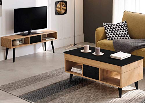 HOGAR24 ES- Atelier-Mesa de Centro elevable con cajón Deslizante, Madera Maciza de Pino Acabado Encerado y Negro. Medidas 100 x 50 x 47 cm