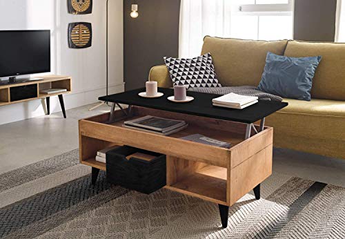 HOGAR24 ES- Atelier-Mesa de Centro elevable con cajón Deslizante, Madera Maciza de Pino Acabado Encerado y Negro. Medidas 100 x 50 x 47 cm