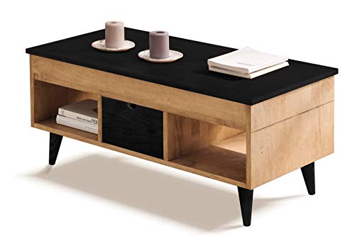 HOGAR24 ES- Atelier-Mesa de Centro elevable con cajón Deslizante, Madera Maciza de Pino Acabado Encerado y Negro. Medidas 100 x 50 x 47 cm