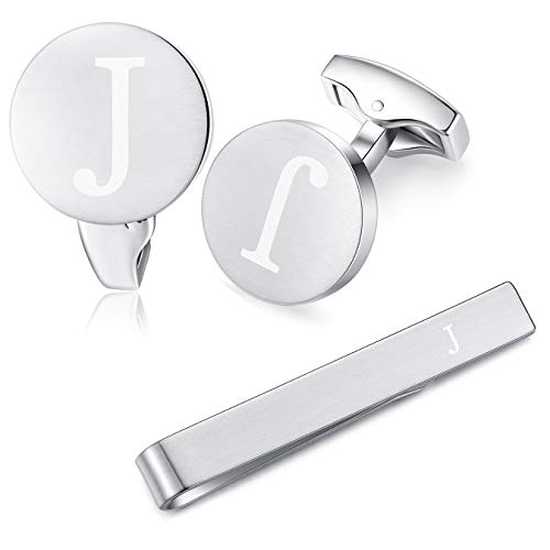 HONEY BEAR Carta Inicial Alfabeto Gemelos & Skinny Clip Pasador de Corbata Pisacorbatas - Acero Inoxidable para la Camisa de los Hombres Regalo de Boda del Negocio (Plata cepillada) (J)