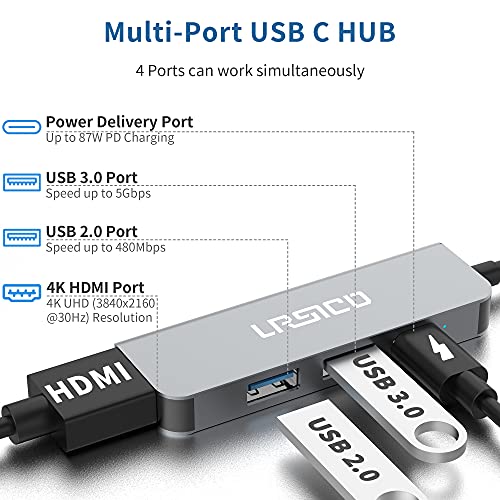 Hub USB C, Adaptador HDMI USB C 4 en 1, Adaptador multipuerto portátil con HDMI 4K, 87W PD, USB3.0,2.0, Adaptador Hub Tipo C Compatibles con MacBook Pro 13/15, ChromeBook, XPS y Portátiles USB C