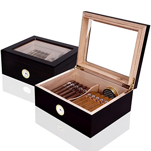 Humidor de puros hecho a mano,SLEGE Humidor de cedro,Termómetro e Higrómetro,Humidificador de puros Classic Desk,Tapa de cristal transparente,Español Manual (30-50 puros)