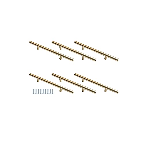 Hysstore 6 Piezas Tiradores para Muebles 128 mm T Formulario Tirador de Armario Tiradores de Cajón Aleación de Aluminio para Cocina Cajón Armarios - Dorado