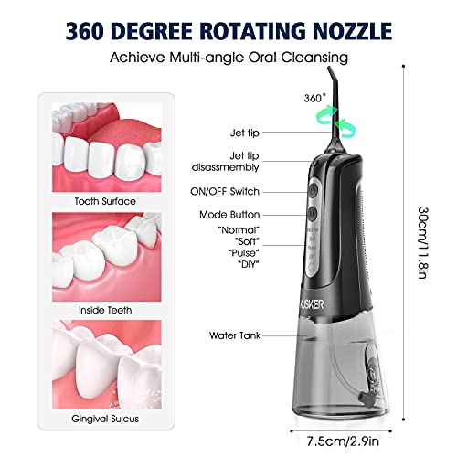 Irrigador oral dental portátil KUSKER para dientes, 4 modos y 4 puntas de chorro, IPX7 impermeable, recargable para uso de 30 días, hogar, viajes, aparatos ortopédicos, cuidado de puentes (negro)