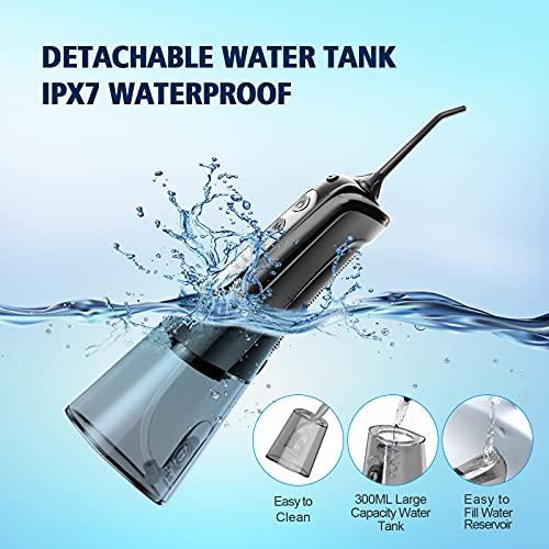 Irrigador oral dental portátil KUSKER para dientes, 4 modos y 4 puntas de chorro, IPX7 impermeable, recargable para uso de 30 días, hogar, viajes, aparatos ortopédicos, cuidado de puentes (negro)