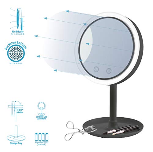 Issage - Mir. Led.Sun.Fan Espejo Maquillaje con Luz LED y difusor de Aire. Espejo de Maquillaje Táctil Alta Definición Profesional Espejo Cosmético con Rotación Ajustable de 180°Negro