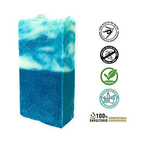 Jabón Natural de Algas Marinas - Jabon de Manos, Cuerpo, y Cara Exfoliante y Drenante, Pastilla Sólida Ecológica y Artesanal, Fabricado en España, Vegano y Sin Aceite de Palma (100 g)