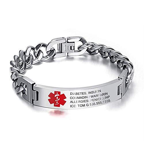 Jewelora Pulsera personalizada con grabado de emergencia médica para hombres, envoltura de identificación para adultos, pulsera despierta, pulsera médica médica de acero de titanio para mujeres (#1)