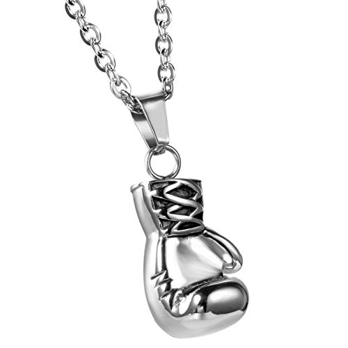 JewelryWe Collar para Hombre, Collar de Boxeo de Hombre Collar de Guantes de Boxeo Colgante Collares Motorista de Carreras con 55,88 cm Cadena, Plateado de Acero Inoxidable Regalos para Navidad Cumpleaños