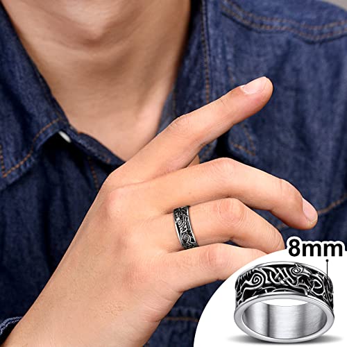 Joyerías Vikingas para Hombres Anillos Plateados Lobo Odin Acero Inoxidable 316L Talla 12 Anillos Hip Hop Germánico Edad Media Guerreros Joyerías Retros de Amulto para Familias