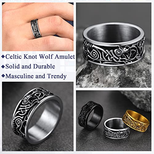 Joyerías Vikingas para Hombres Anillos Plateados Lobo Odin Acero Inoxidable 316L Talla 12 Anillos Hip Hop Germánico Edad Media Guerreros Joyerías Retros de Amulto para Familias