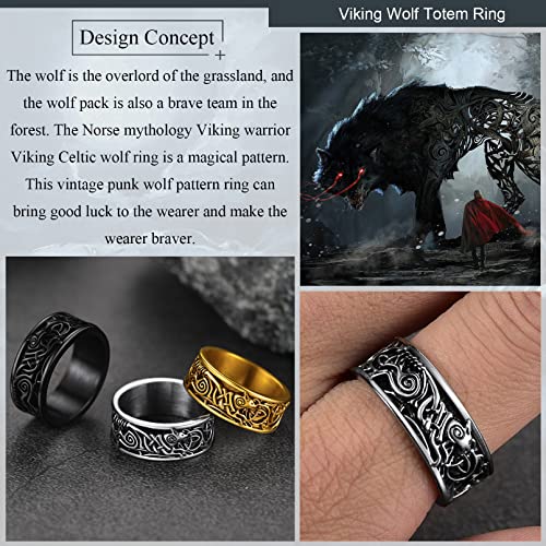 Joyerías Vikingas para Hombres Anillos Plateados Lobo Odin Acero Inoxidable 316L Talla 12 Anillos Hip Hop Germánico Edad Media Guerreros Joyerías Retros de Amulto para Familias
