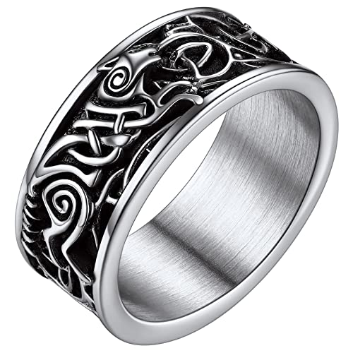 Joyerías Vikingas para Hombres Anillos Plateados Lobo Odin Acero Inoxidable 316L Talla 12 Anillos Hip Hop Germánico Edad Media Guerreros Joyerías Retros de Amulto para Familias
