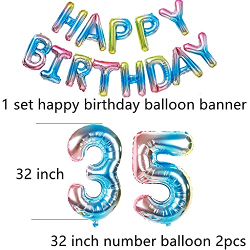Juego de decoración de 35 cumpleaños para mujer, hombre, arco iris, decoración de cumpleaños para 35 años, decoración de 35 globos con guirnalda de Happy Birthday para género Reveal, hombre y mujer