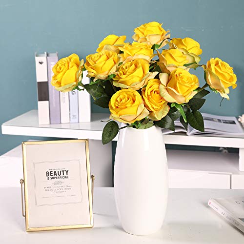 Kisflower 12 Unids Rosas Flores Artificiales Realista Flores de Tallo Único Ramo de Seda Rosa para Fiesta de Boda Oficina Decoración para el hogar (Amarillo Degradado)