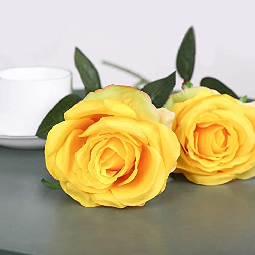 Kisflower 12 Unids Rosas Flores Artificiales Realista Flores de Tallo Único Ramo de Seda Rosa para Fiesta de Boda Oficina Decoración para el hogar (Amarillo Degradado)