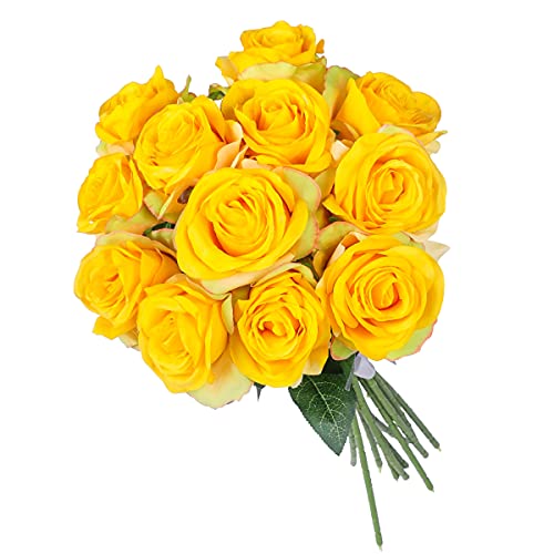 Kisflower 12 Unids Rosas Flores Artificiales Realista Flores de Tallo Único Ramo de Seda Rosa para Fiesta de Boda Oficina Decoración para el hogar (Amarillo Degradado)