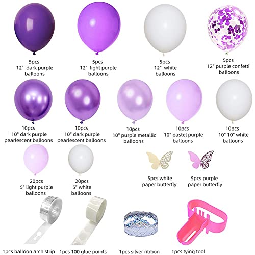 Kit de Arco de Guirnalda de Globos,124 Piezas Globos Morados, Púrpura Blancos Globos Confeti Morados Metalizado para Boda Cumpleaños Fiesta Despedida Soltera Decoración