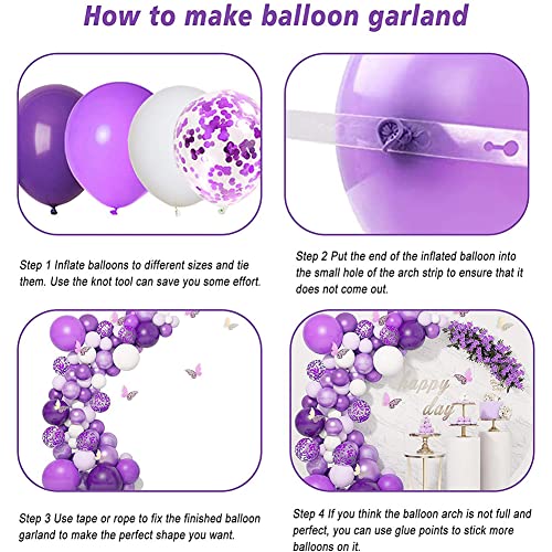Kit de Arco de Guirnalda de Globos,124 Piezas Globos Morados, Púrpura Blancos Globos Confeti Morados Metalizado para Boda Cumpleaños Fiesta Despedida Soltera Decoración