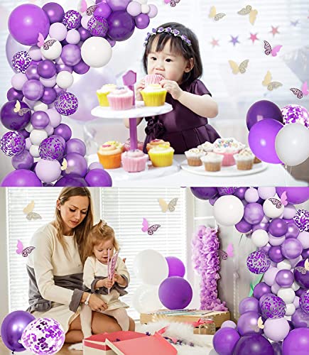 Kit de Arco de Guirnalda de Globos,124 Piezas Globos Morados, Púrpura Blancos Globos Confeti Morados Metalizado para Boda Cumpleaños Fiesta Despedida Soltera Decoración