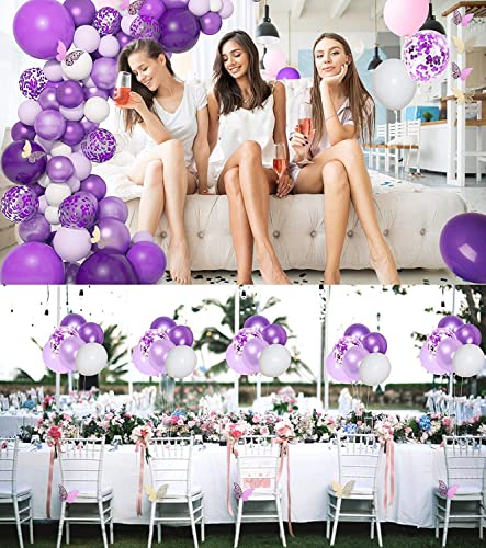 Kit de Arco de Guirnalda de Globos,124 Piezas Globos Morados, Púrpura Blancos Globos Confeti Morados Metalizado para Boda Cumpleaños Fiesta Despedida Soltera Decoración